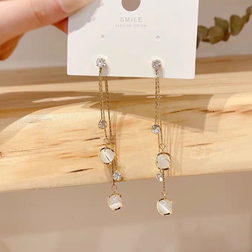 14K Long Crystal Opal Tassel Stud Earrings